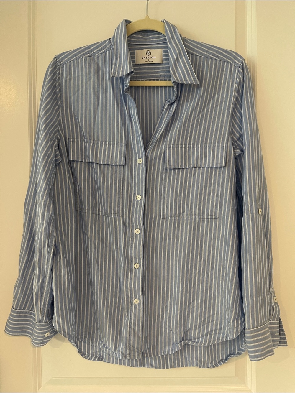 Babaton Aritzia Sky Blue and White Striped Button-Up Shirt